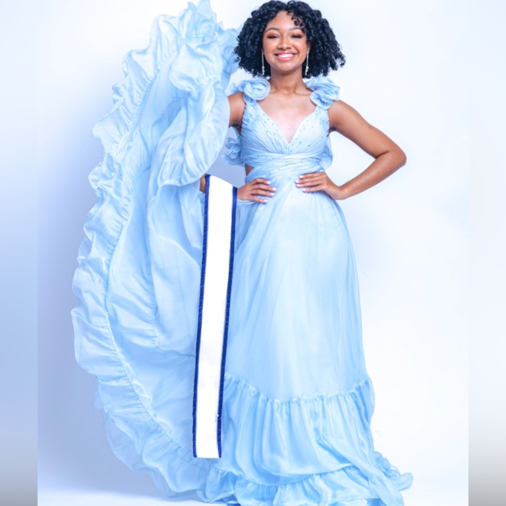 mac duggal ruffled blue dress